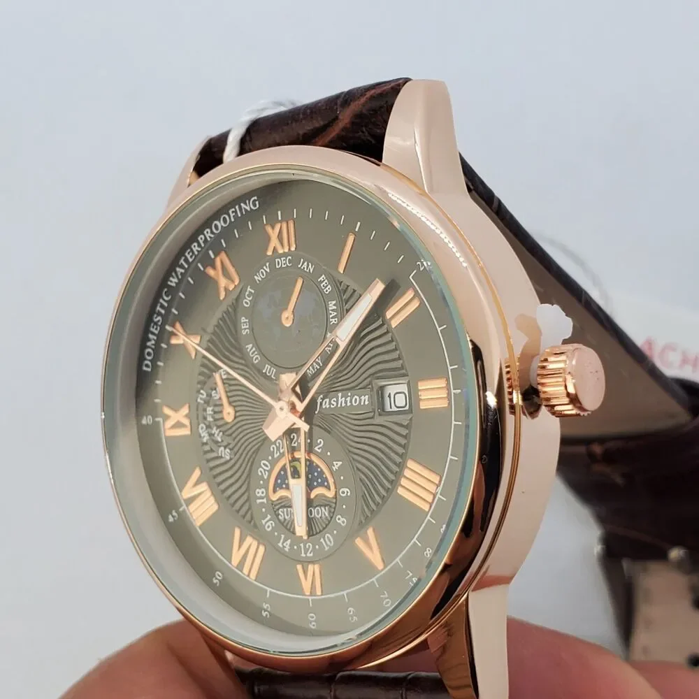 40MM Men's Watch Gold Case Black Dial Brown Leather Bands‎ Roman Numerals Date